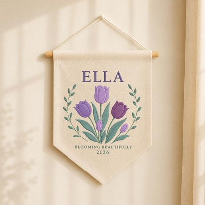 Personalized Purple Tulip Canvas Pennant Banner, Custom Name Ella Blooming Beautifully Embroidered Girl Nursery Wall Sign Decor