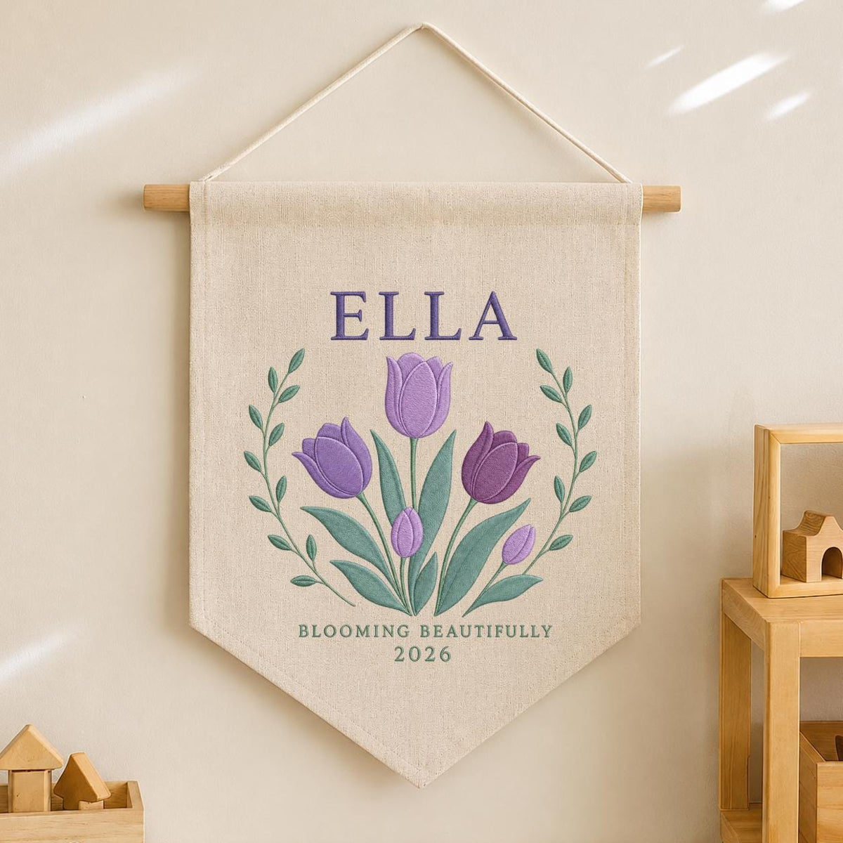 Personalized Purple Tulip Canvas Pennant Banner, Custom Name Ella Blooming Beautifully Embroidered Girl Nursery Wall Sign Decor