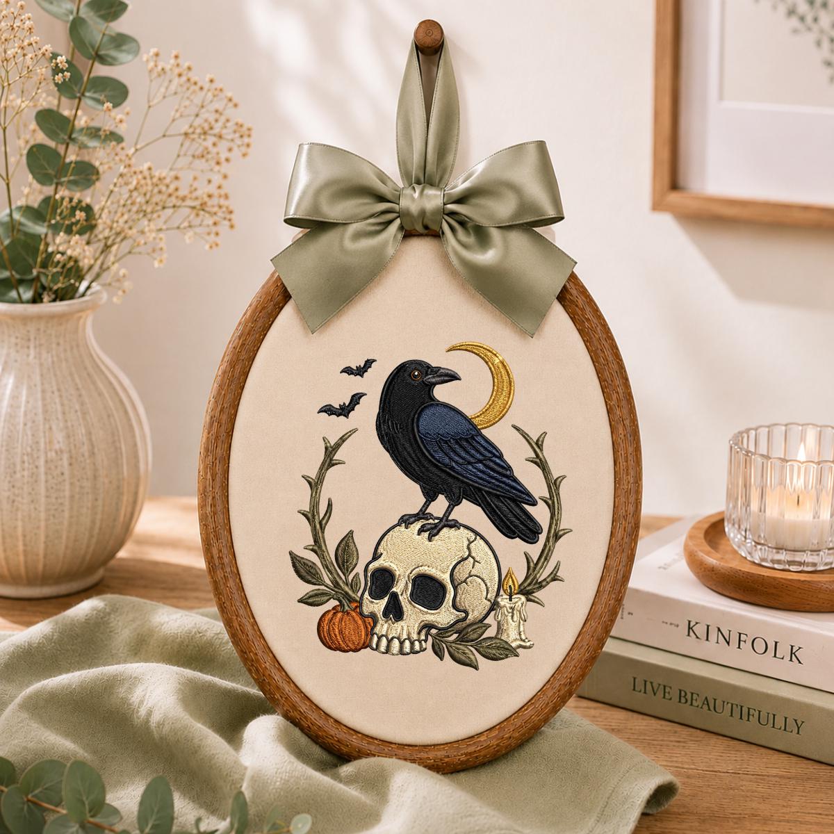Spooky Black Crow on Skull Embroidered Oval Hoop Art, Gothic Witchy Raven Crescent Moon Pumpkin Wall Hanging Decor, Halloween Gift