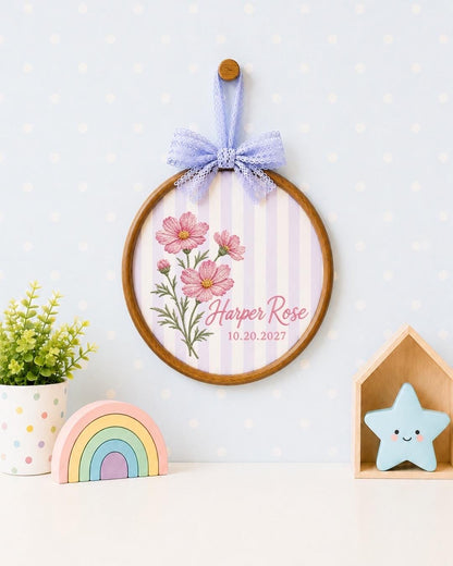 Personalized Birth Flower Embroidered Ornament, Custom Birth Month Flower Name Keepsake, Floral Baby Name Sign, Newborn Gift
