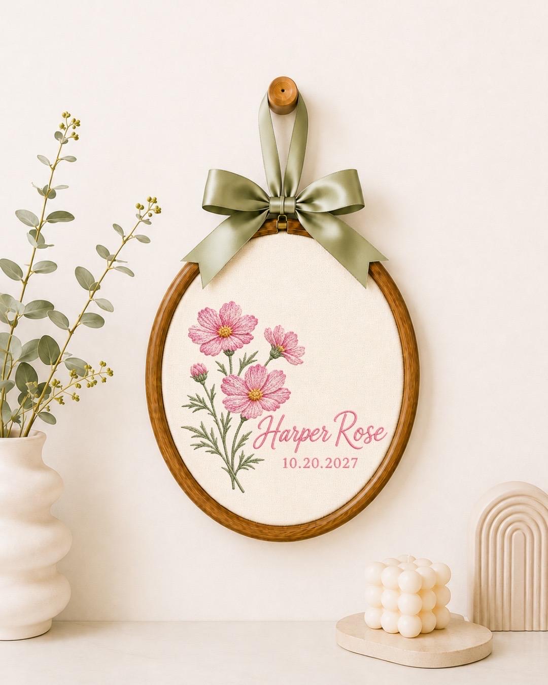 Personalized Birth Flower Embroidered Ornament, Custom Birth Month Flower Name Keepsake, Floral Baby Name Sign, Newborn Gift