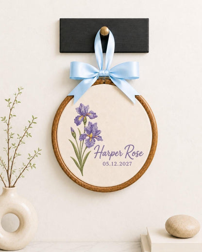 Personalized Birth Flower Embroidered Ornament, Custom Birth Month Flower Name Keepsake, Floral Baby Name Sign, Newborn Gift