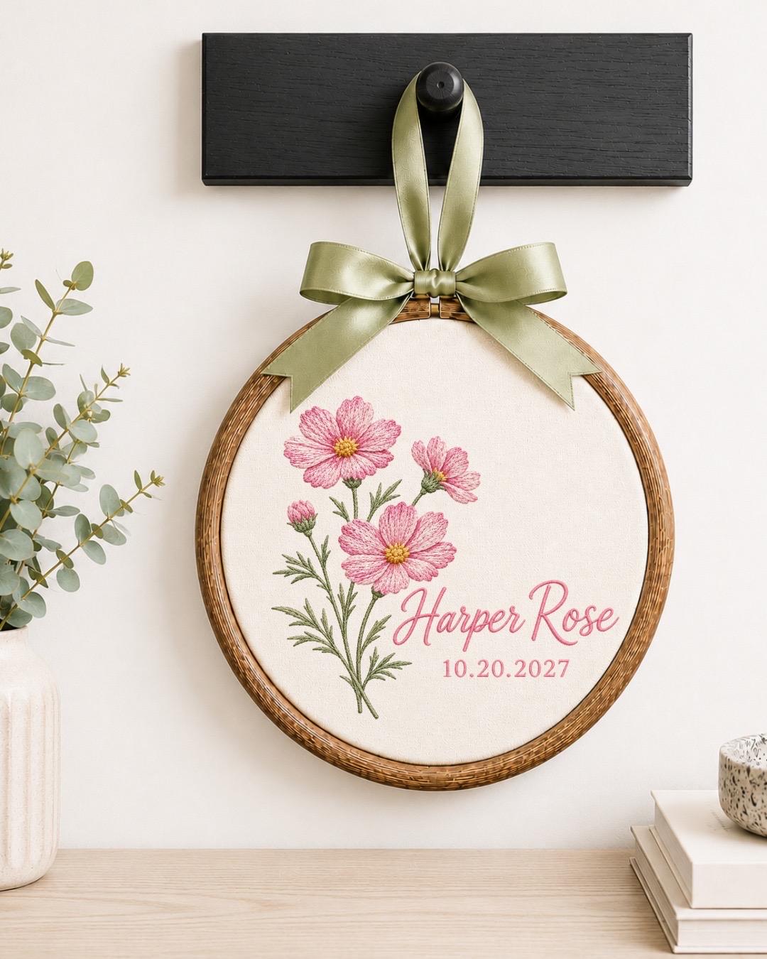 Personalized Birth Flower Embroidered Ornament, Custom Birth Month Flower Name Keepsake, Floral Baby Name Sign, Newborn Gift