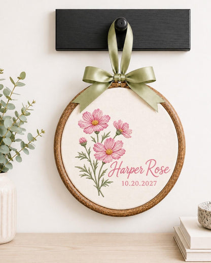 Personalized Birth Flower Embroidered Ornament, Custom Birth Month Flower Name Keepsake, Floral Baby Name Sign, Newborn Gift
