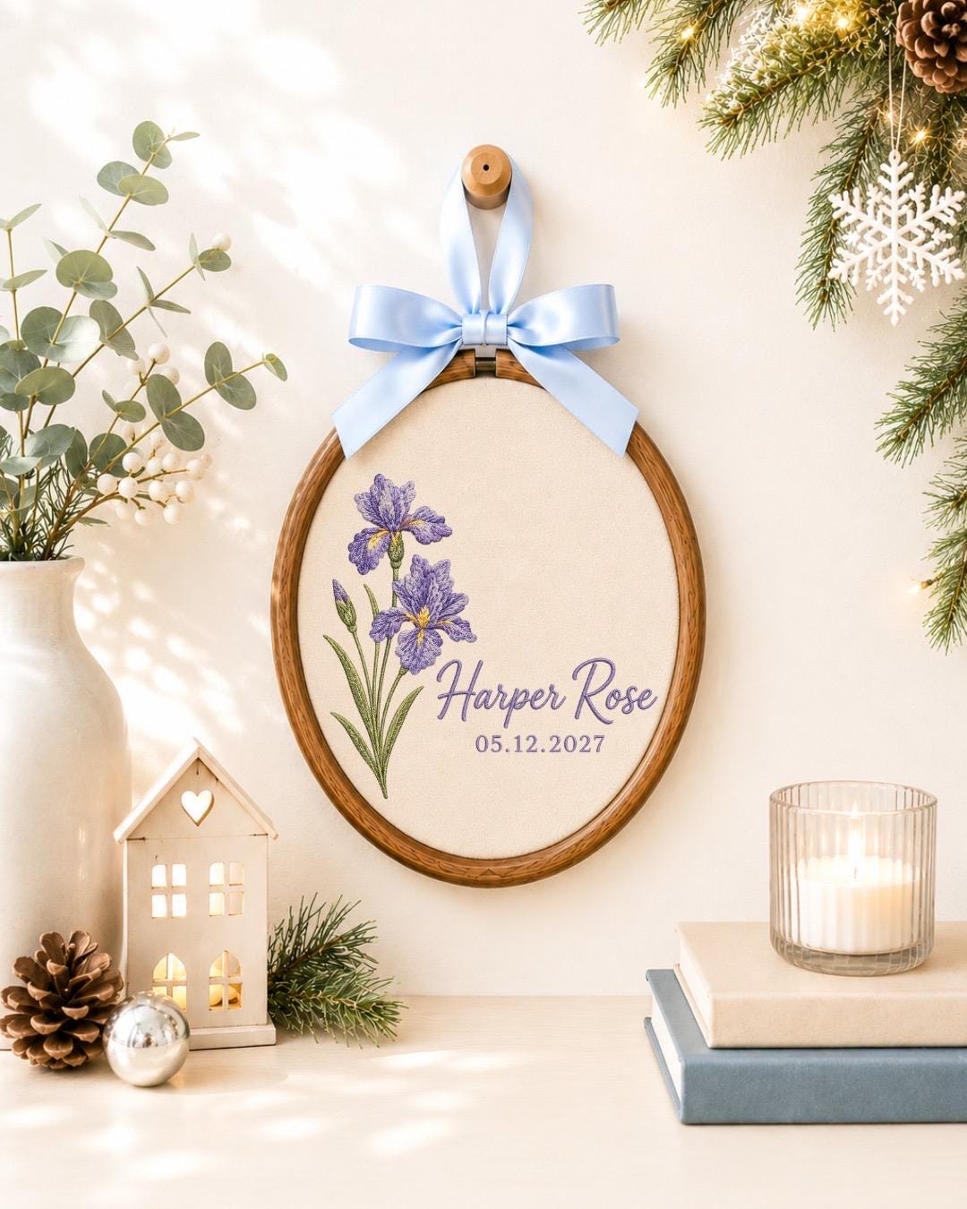 Personalized Birth Flower Embroidered Ornament, Custom Birth Month Flower Name Keepsake, Floral Baby Name Sign, Newborn Gift