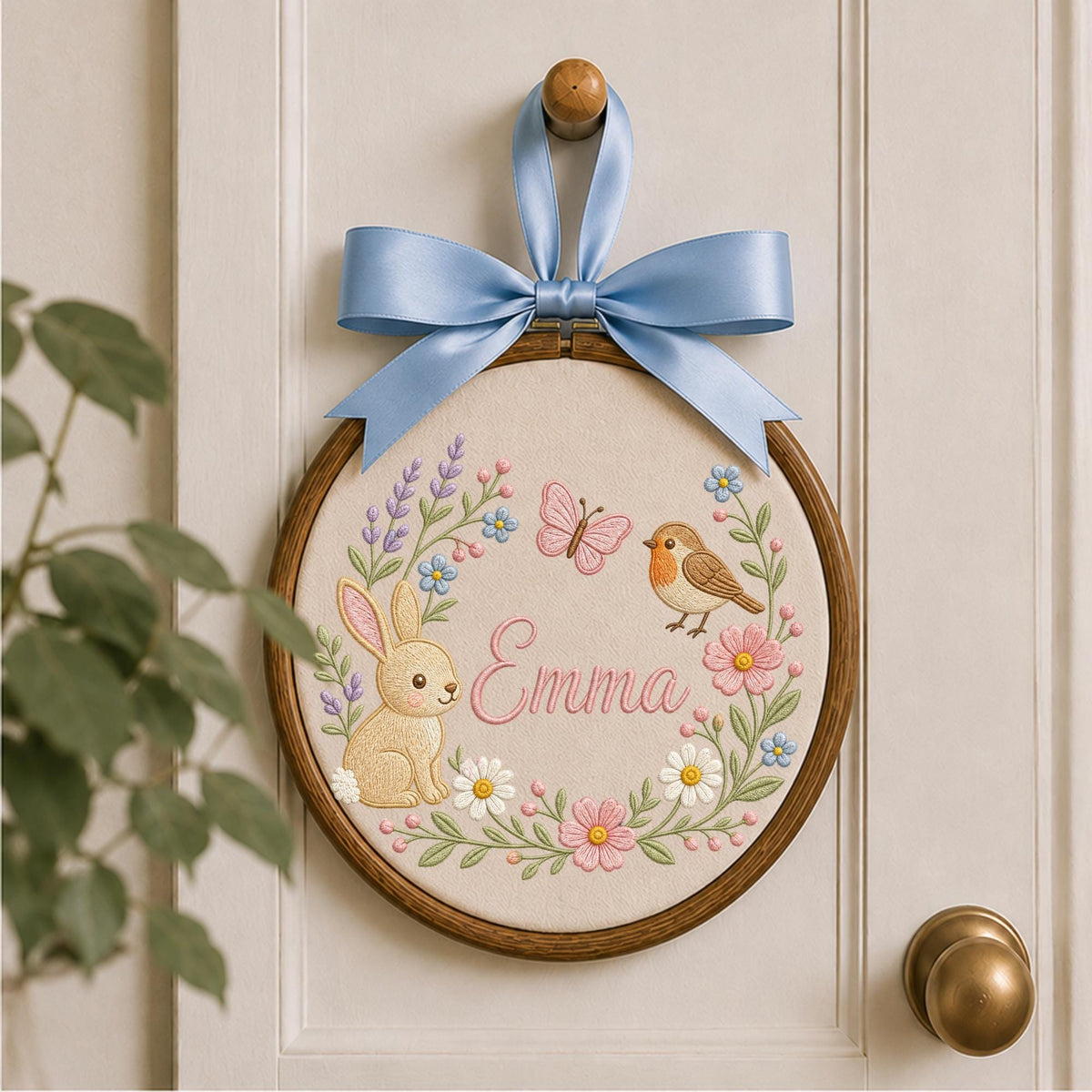 Personalized Embroidered Ornament, Bunny Name Hoop, Floral Woodland Nursery Decor, Baby Girl Gift, Rabbit Bird Butterfly Keepsake