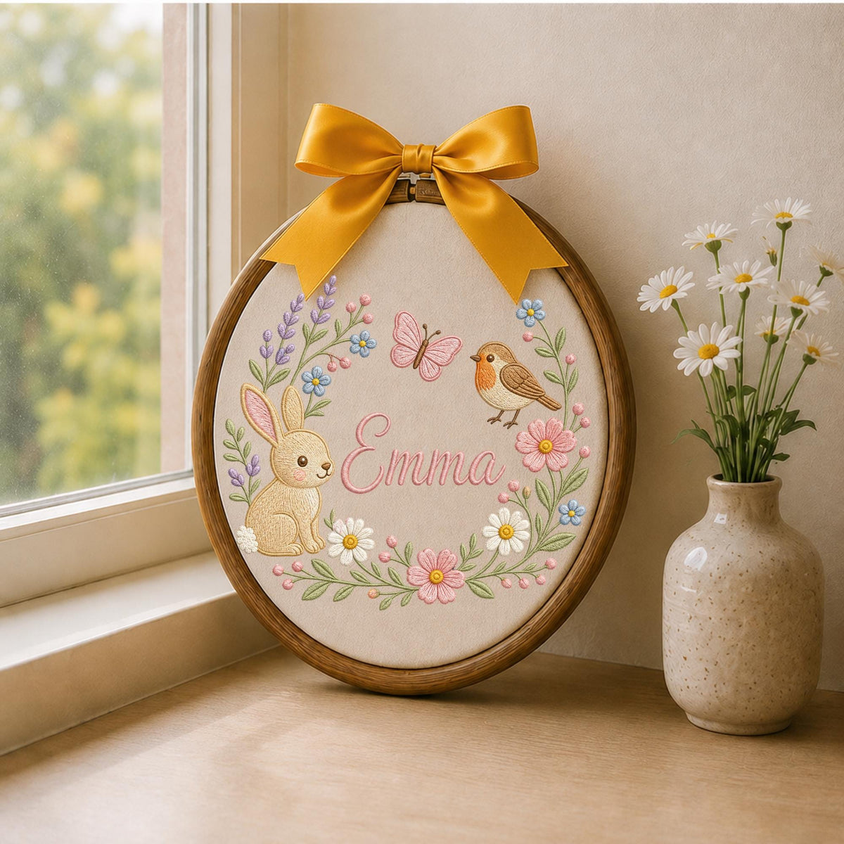 Personalized Embroidered Ornament, Bunny Name Hoop, Floral Woodland Nursery Decor, Baby Girl Gift, Rabbit Bird Butterfly Keepsake