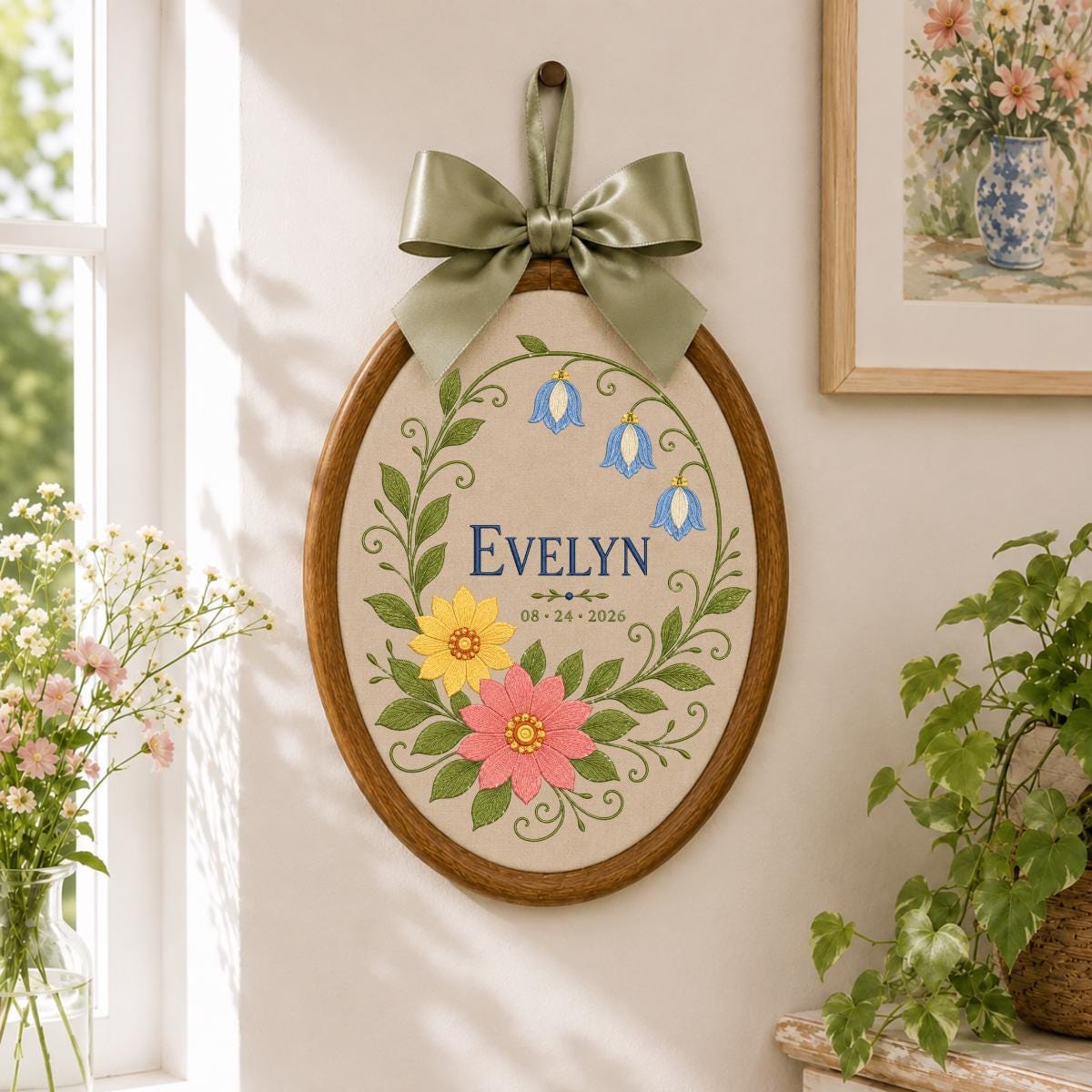 Personalized Botanical Bluebell Floral Oval Hoop Decor, Custom Embroidered Name Date Nursery Wall Hanging Sign, Newborn Keepsake Gift