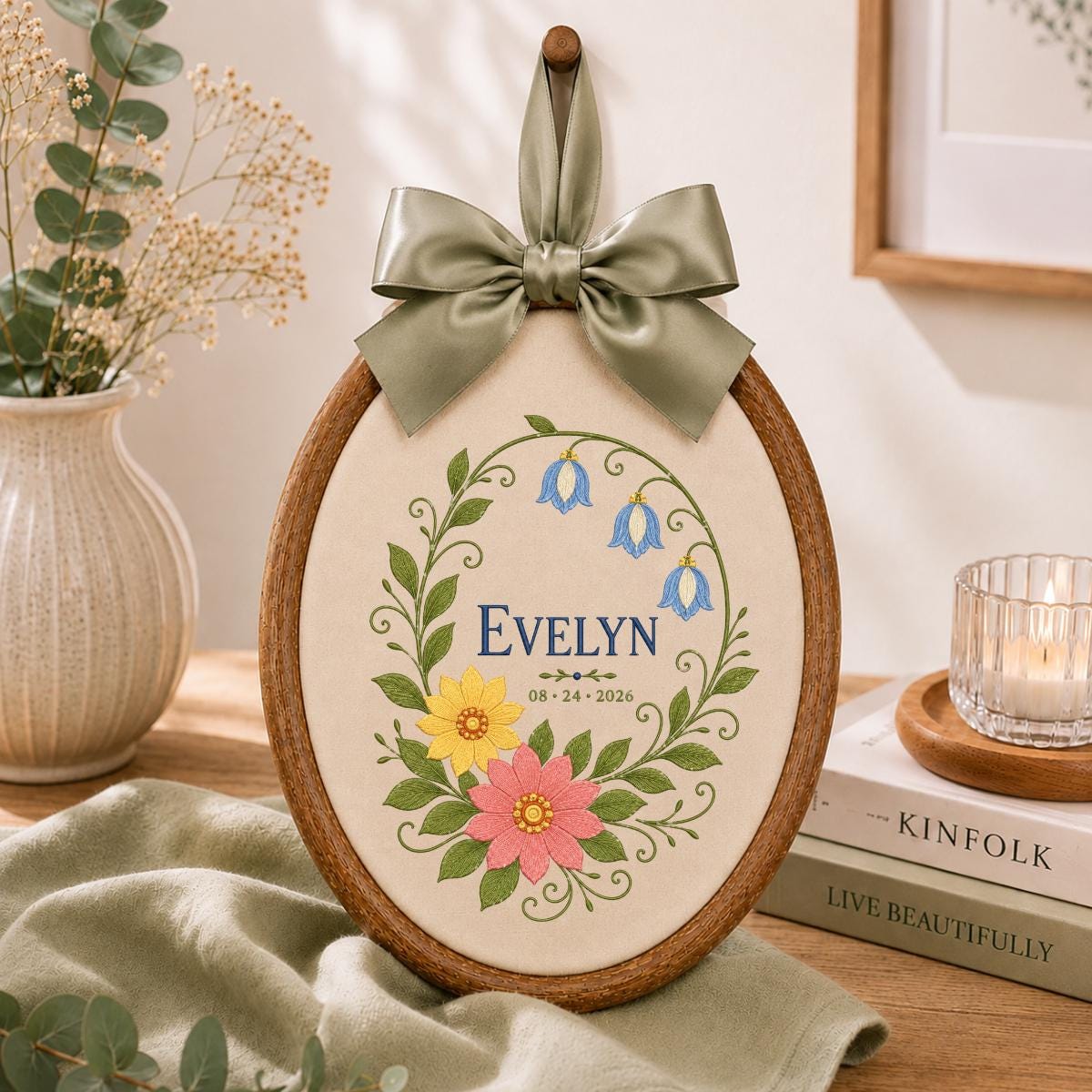 Personalized Botanical Bluebell Floral Oval Hoop Decor, Custom Embroidered Name Date Nursery Wall Hanging Sign, Newborn Keepsake Gift