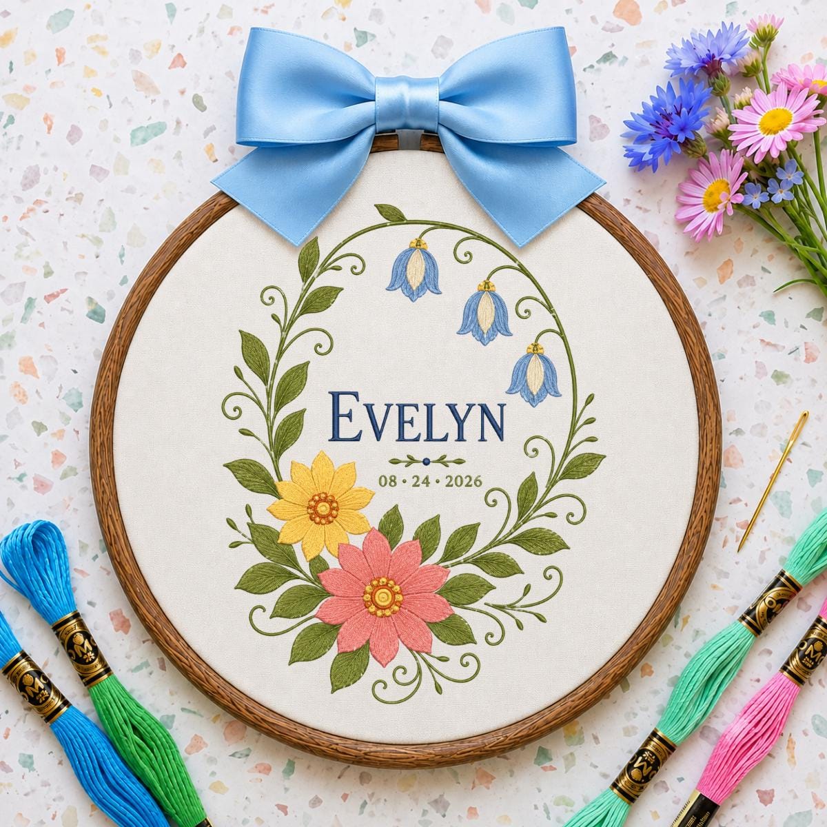 Personalized Botanical Bluebell Floral Oval Hoop Decor, Custom Embroidered Name Date Nursery Wall Hanging Sign, Newborn Keepsake Gift