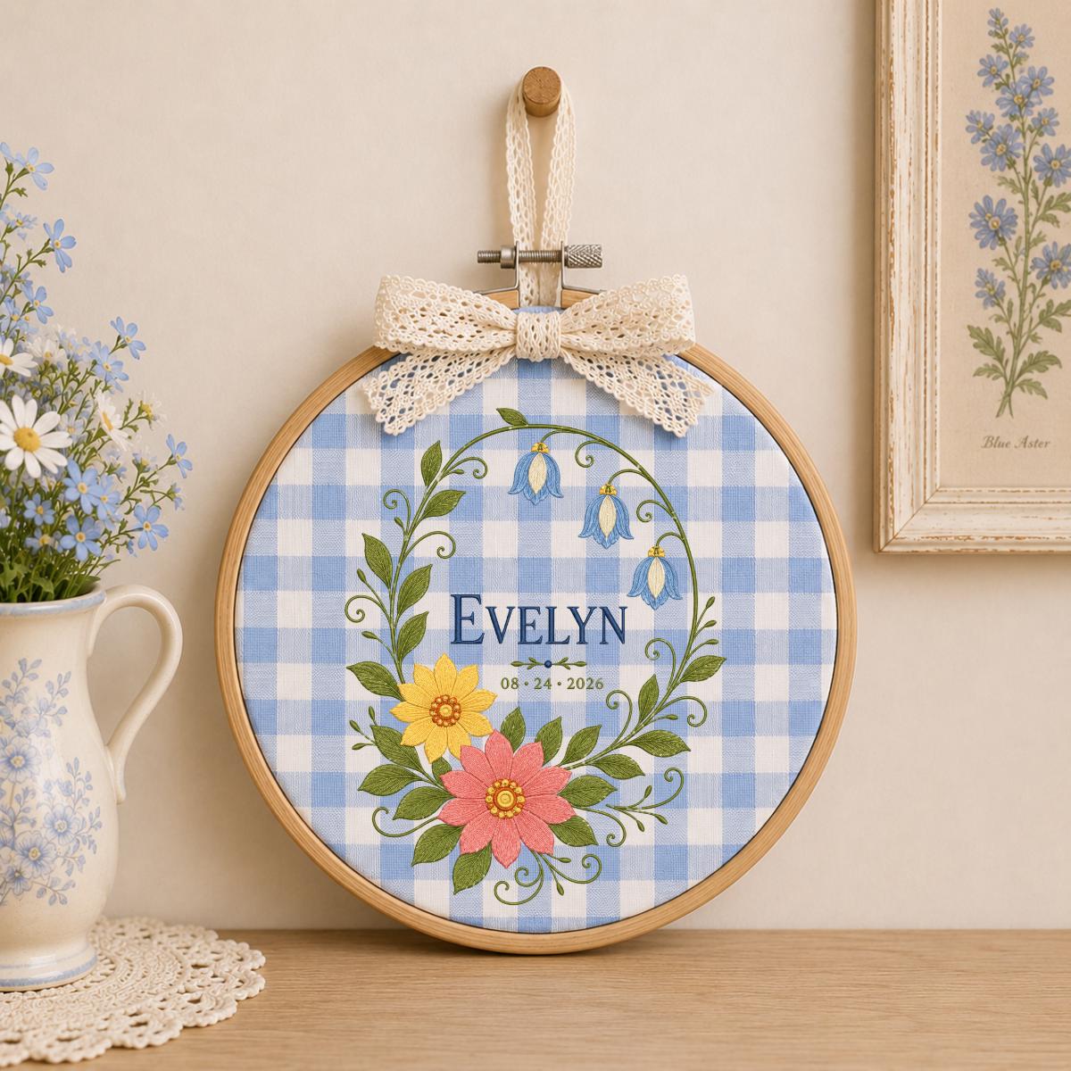 Personalized Botanical Bluebell Floral Oval Hoop Decor, Custom Embroidered Name Date Nursery Wall Hanging Sign, Newborn Keepsake Gift