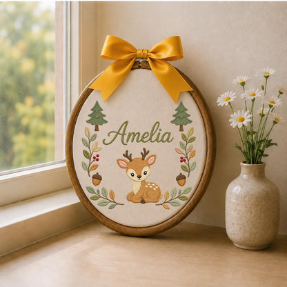 Personalized Embroidered Ornament, Woodland Deer Name Hoop, Baby Girl Nursery Decor, Forest Animal Baby Shower Gift, Newborn Keepsake