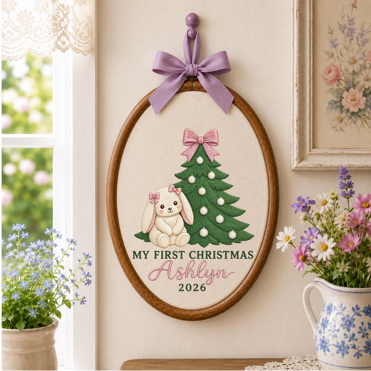 Personalized Embroidered Ornament, Baby First Christmas Bunny Hoop, Custom Name Christmas Decor, Newborn Holiday Keepsake Gift