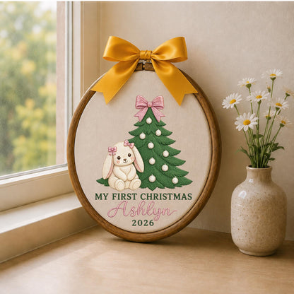 Personalized Embroidered Ornament, Baby First Christmas Bunny Hoop, Custom Name Christmas Decor, Newborn Holiday Keepsake Gift