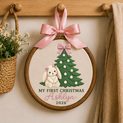 Personalized Embroidered Ornament, Baby First Christmas Bunny Hoop, Custom Name Christmas Decor, Newborn Holiday Keepsake Gift