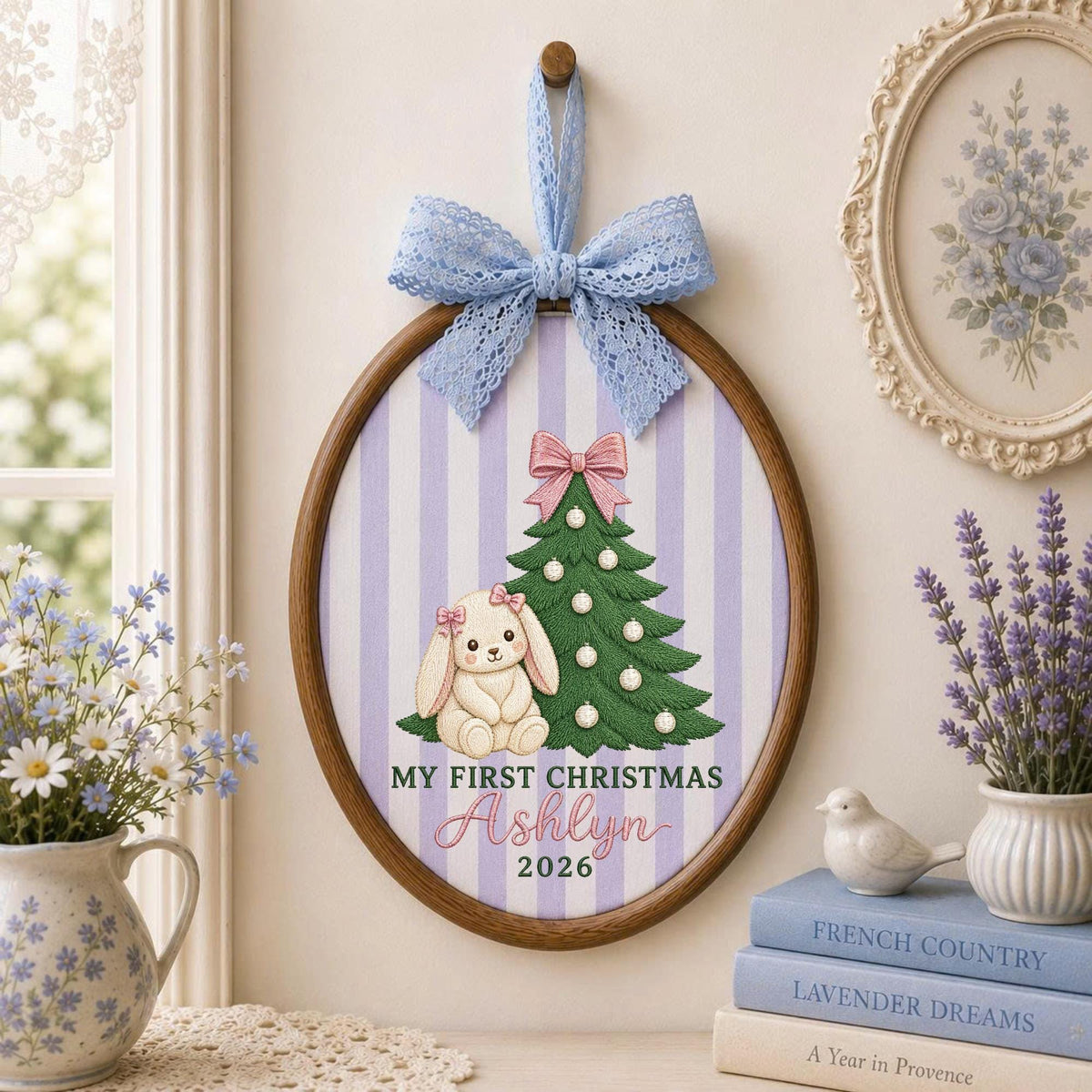Personalized Embroidered Ornament, Baby First Christmas Bunny Hoop, Custom Name Christmas Decor, Newborn Holiday Keepsake Gift