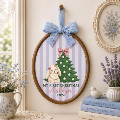 Personalized Embroidered Ornament, Baby First Christmas Bunny Hoop, Custom Name Christmas Decor, Newborn Holiday Keepsake Gift