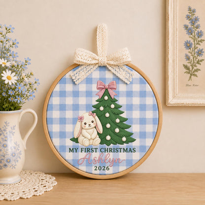 Personalized Embroidered Ornament, Baby First Christmas Bunny Hoop, Custom Name Christmas Decor, Newborn Holiday Keepsake Gift
