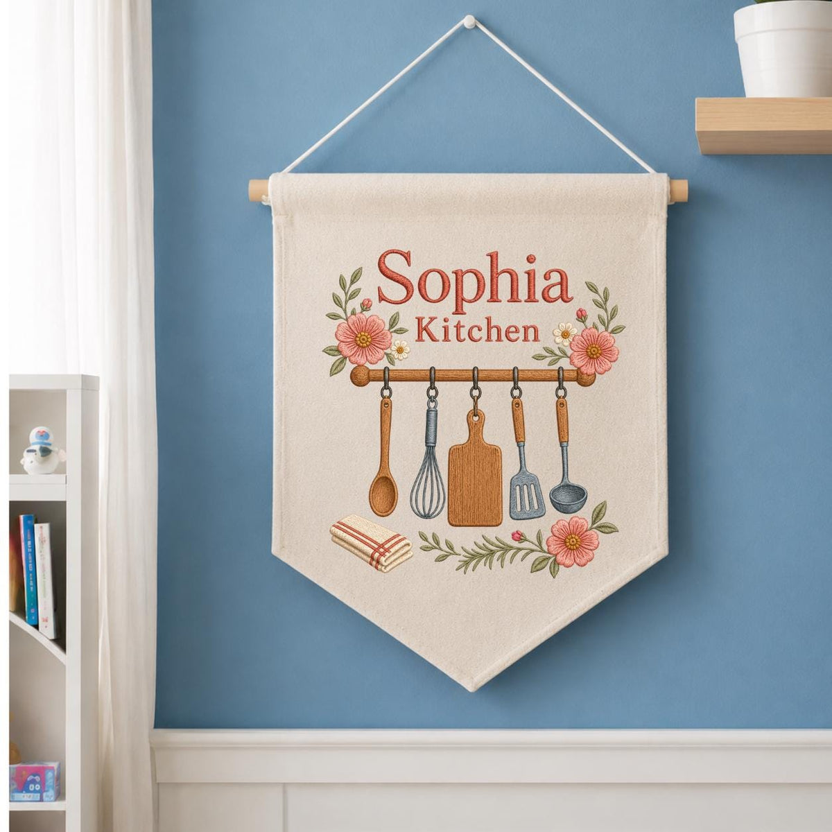 Personalized Kitchen Utensils Canvas Pennant Banner, Custom Name Embroidered Floral Kitchen Wall Sign, Housewarming Gift Decor
