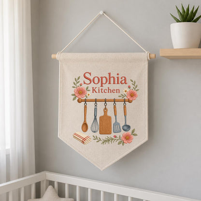 Personalized Kitchen Utensils Canvas Pennant Banner, Custom Name Embroidered Floral Kitchen Wall Sign, Housewarming Gift Decor
