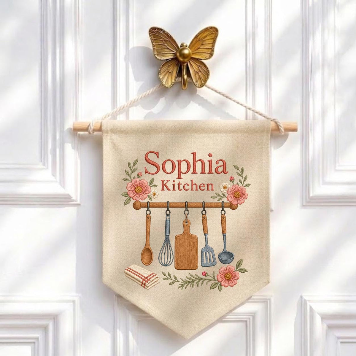 Personalized Kitchen Utensils Canvas Pennant Banner, Custom Name Embroidered Floral Kitchen Wall Sign, Housewarming Gift Decor