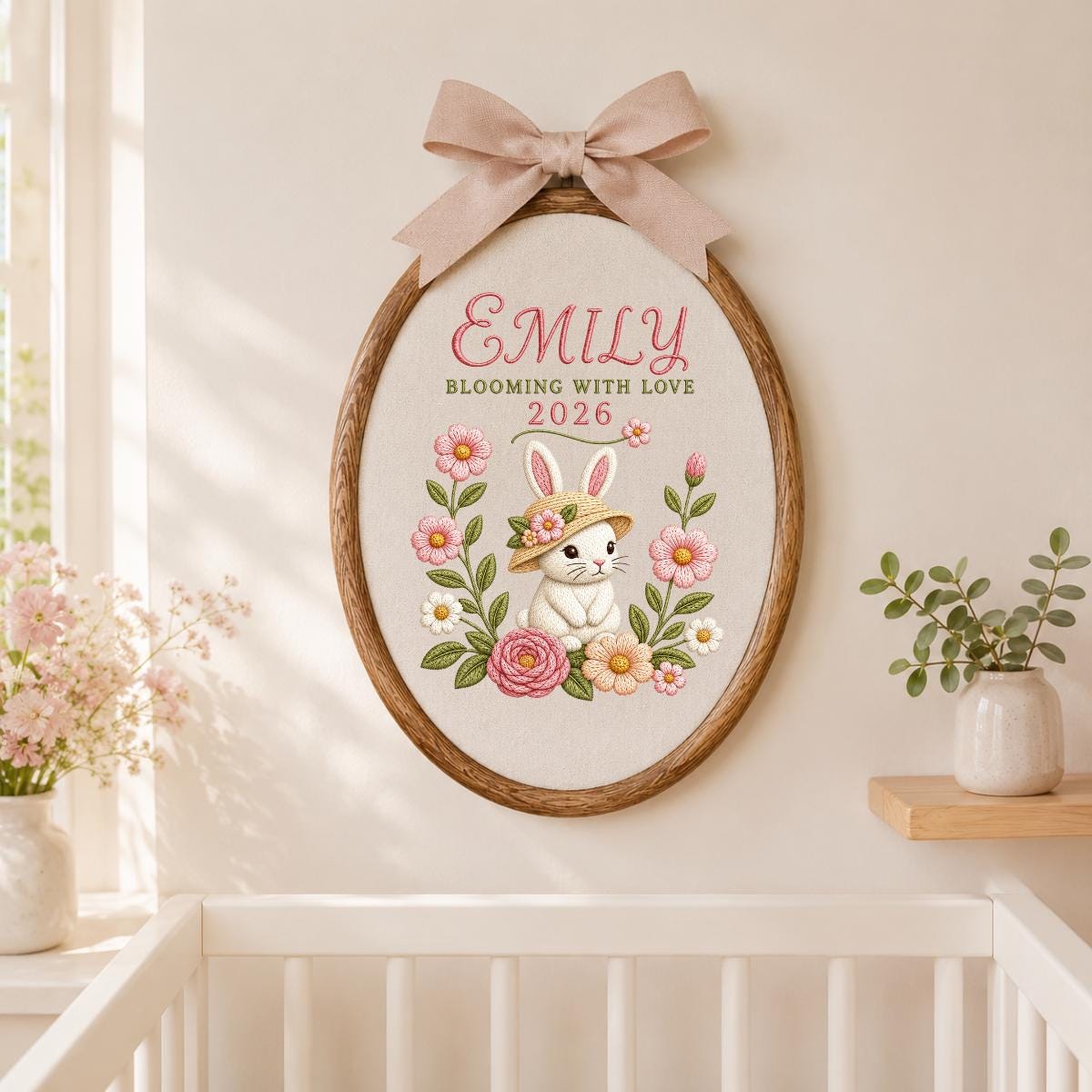 Personalized Floral Bunny Hoop Decor, Custom Embroidered Emily Blooming With Love Name Sign, Cute Baby Girl Keepsake Birthday Gift