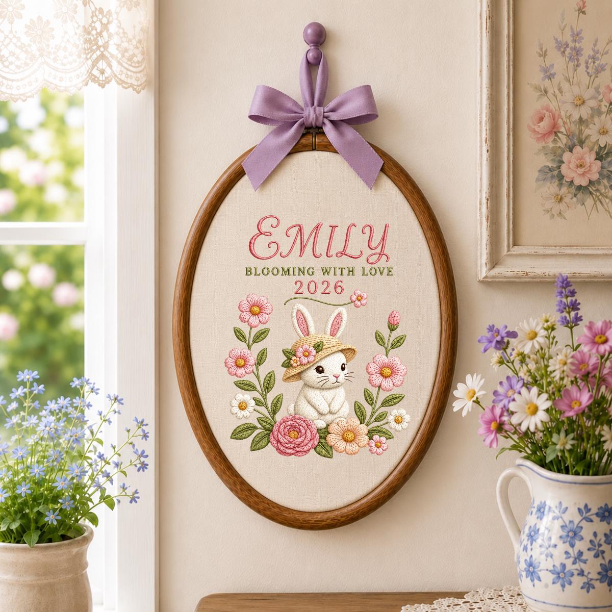 Personalized Floral Bunny Hoop Decor, Custom Embroidered Emily Blooming With Love Name Sign, Cute Baby Girl Keepsake Birthday Gift