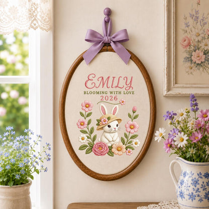 Personalized Floral Bunny Hoop Decor, Custom Embroidered Emily Blooming With Love Name Sign, Cute Baby Girl Keepsake Birthday Gift