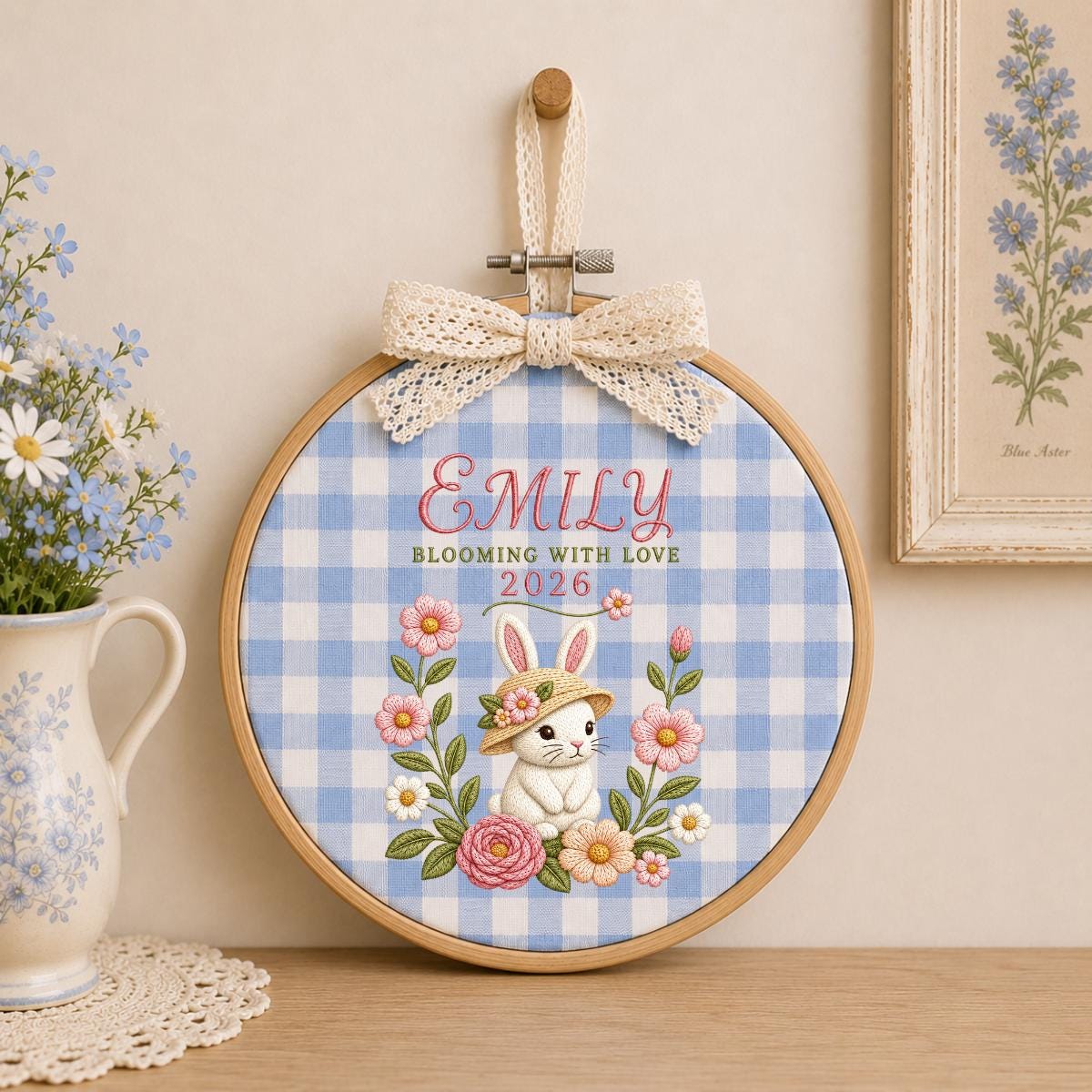 Personalized Floral Bunny Hoop Decor, Custom Embroidered Emily Blooming With Love Name Sign, Cute Baby Girl Keepsake Birthday Gift