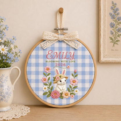 Personalized Floral Bunny Hoop Decor, Custom Embroidered Emily Blooming With Love Name Sign, Cute Baby Girl Keepsake Birthday Gift