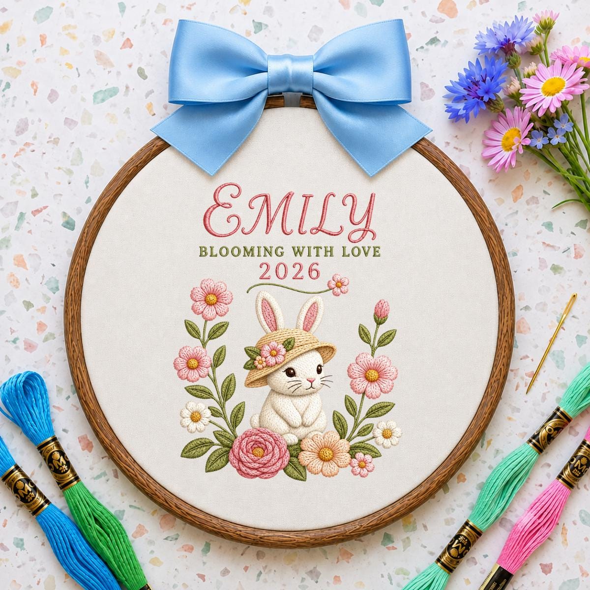 Personalized Floral Bunny Hoop Decor, Custom Embroidered Emily Blooming With Love Name Sign, Cute Baby Girl Keepsake Birthday Gift