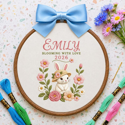 Personalized Floral Bunny Hoop Decor, Custom Embroidered Emily Blooming With Love Name Sign, Cute Baby Girl Keepsake Birthday Gift