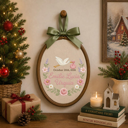 Personalized Embroidered Ornament, Baby Birth Announcement Ornament, Custom Name Stork Keepsake, Newborn Girl Gift, Floral Nursery Decor