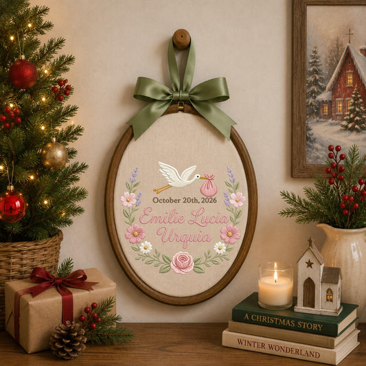 Personalized Embroidered Ornament, Baby Birth Announcement Ornament, Custom Name Stork Keepsake, Newborn Girl Gift, Floral Nursery Decor