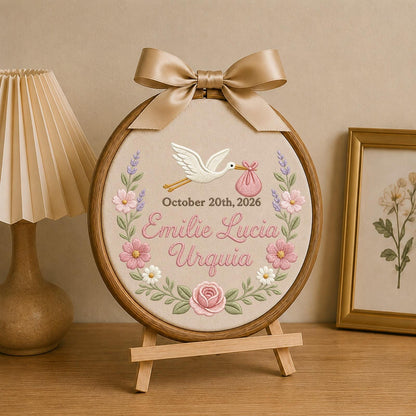 Personalized Embroidered Ornament, Baby Birth Announcement Ornament, Custom Name Stork Keepsake, Newborn Girl Gift, Floral Nursery Decor