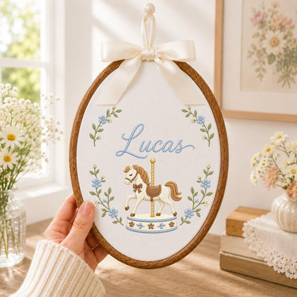 Personalized Embroidered Ornament, Carousel Horse Baby Name Ornament, Custom Nursery Keepsake, Baby Boy Gift, Newborn Name Decor