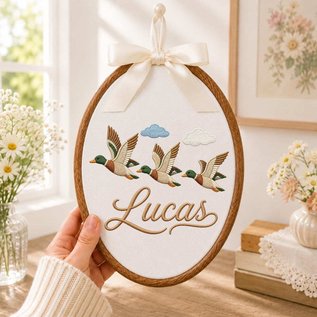 Personalized Embroidered Ornament, Mallard Duck Name Hoop, Flying Duck Nursery Decor, Baby Boy Wall Art, Duck Hunter Gift, Keepsake