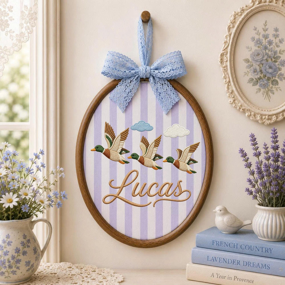 Personalized Embroidered Ornament, Mallard Duck Name Hoop, Flying Duck Nursery Decor, Baby Boy Wall Art, Duck Hunter Gift, Keepsake