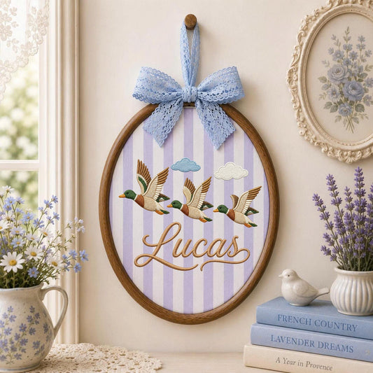 Personalized Embroidered Ornament, Mallard Duck Name Hoop, Flying Duck Nursery Decor, Baby Boy Wall Art, Duck Hunter Gift, Keepsake