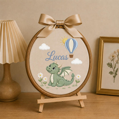Personalized Embroidered Ornament, Dragon Name Hoop, Hot Air Balloon Baby Boy Nursery Decor, Fantasy Baby Shower Gift, Newborn Keepsake