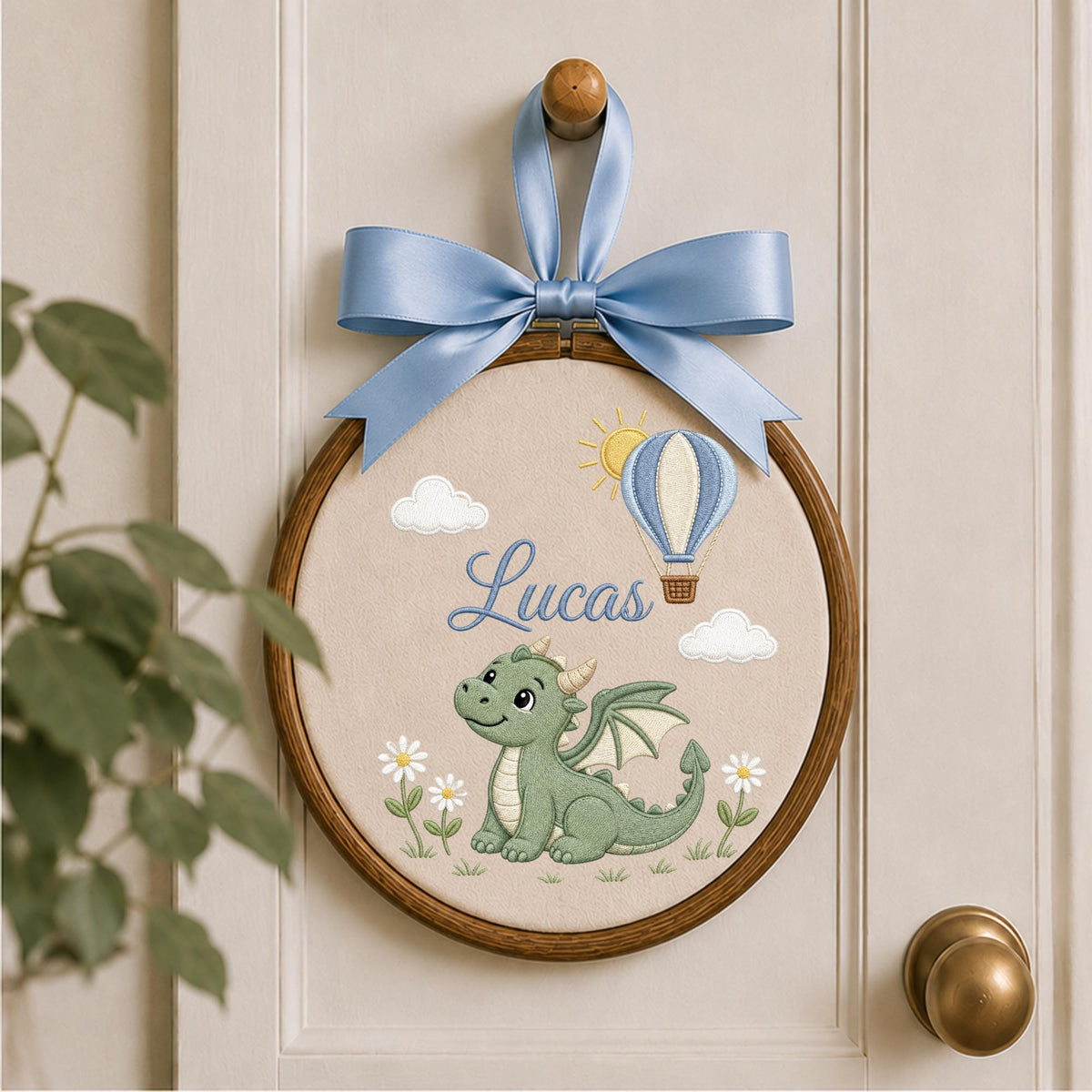 Personalized Embroidered Ornament, Dragon Name Hoop, Hot Air Balloon Baby Boy Nursery Decor, Fantasy Baby Shower Gift, Newborn Keepsake