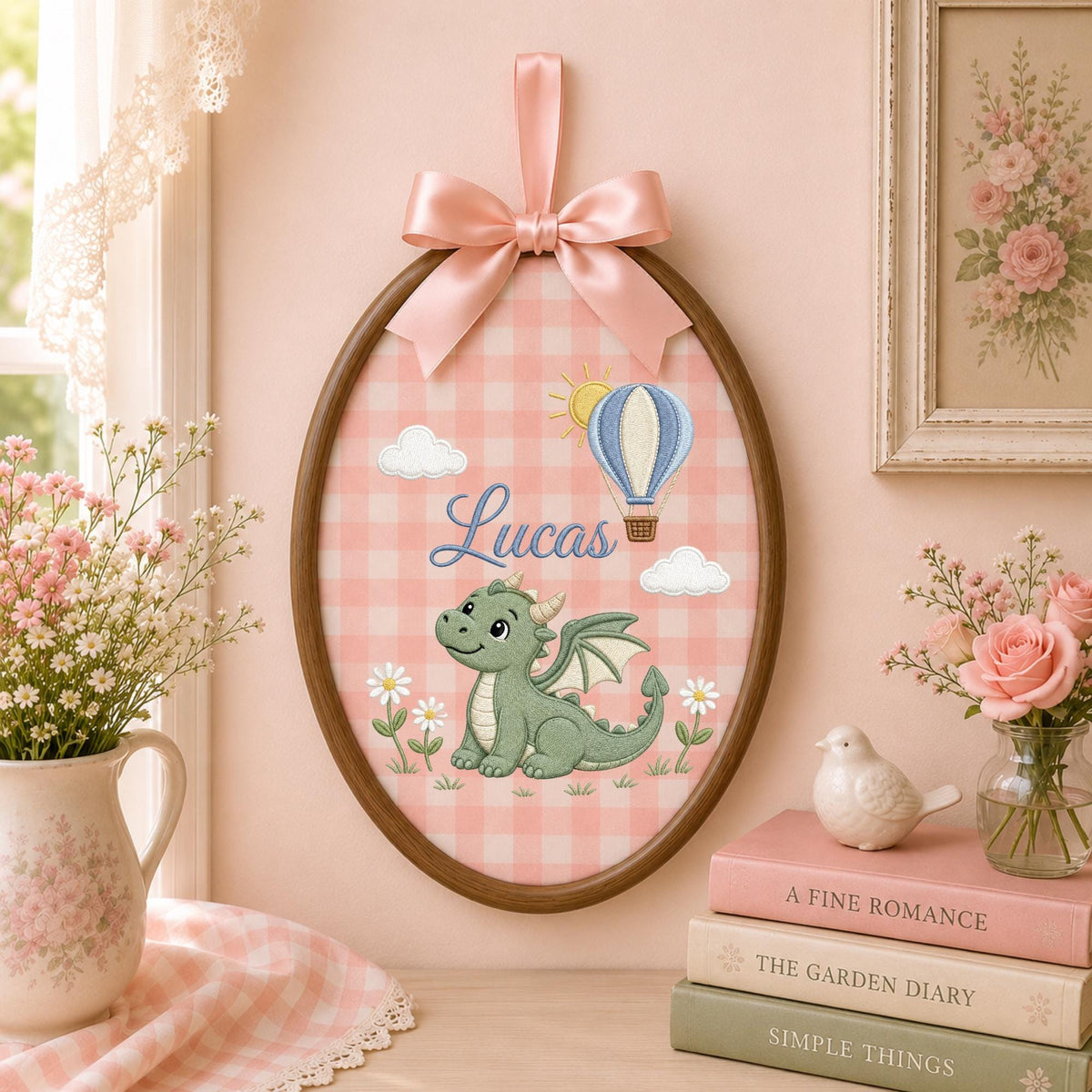 Personalized Embroidered Ornament, Dragon Name Hoop, Hot Air Balloon Baby Boy Nursery Decor, Fantasy Baby Shower Gift, Newborn Keepsake