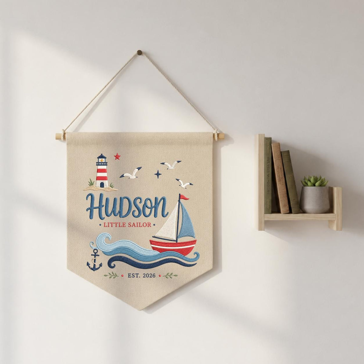 Personalized Little Sailor Canvas Pennant Decor, Custom Embroidered Hudson Ocean Anchor Wall Hanging Sign, Baby Boy Keepsake Gift