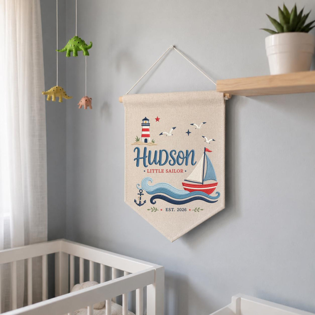 Personalized Little Sailor Canvas Pennant Decor, Custom Embroidered Hudson Ocean Anchor Wall Hanging Sign, Baby Boy Keepsake Gift