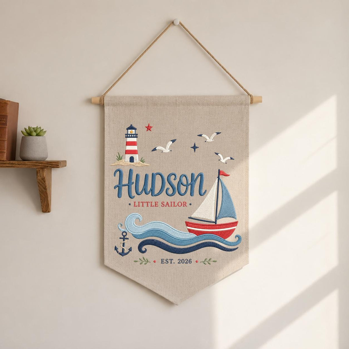 Personalized Little Sailor Canvas Pennant Decor, Custom Embroidered Hudson Ocean Anchor Wall Hanging Sign, Baby Boy Keepsake Gift
