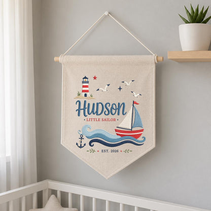 Personalized Little Sailor Canvas Pennant Decor, Custom Embroidered Hudson Ocean Anchor Wall Hanging Sign, Baby Boy Keepsake Gift