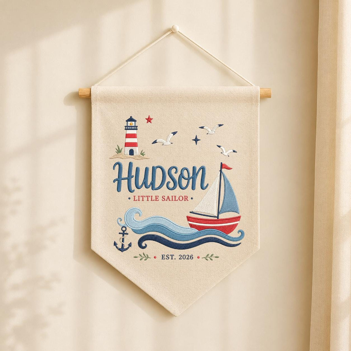 Personalized Little Sailor Canvas Pennant Decor, Custom Embroidered Hudson Ocean Anchor Wall Hanging Sign, Baby Boy Keepsake Gift