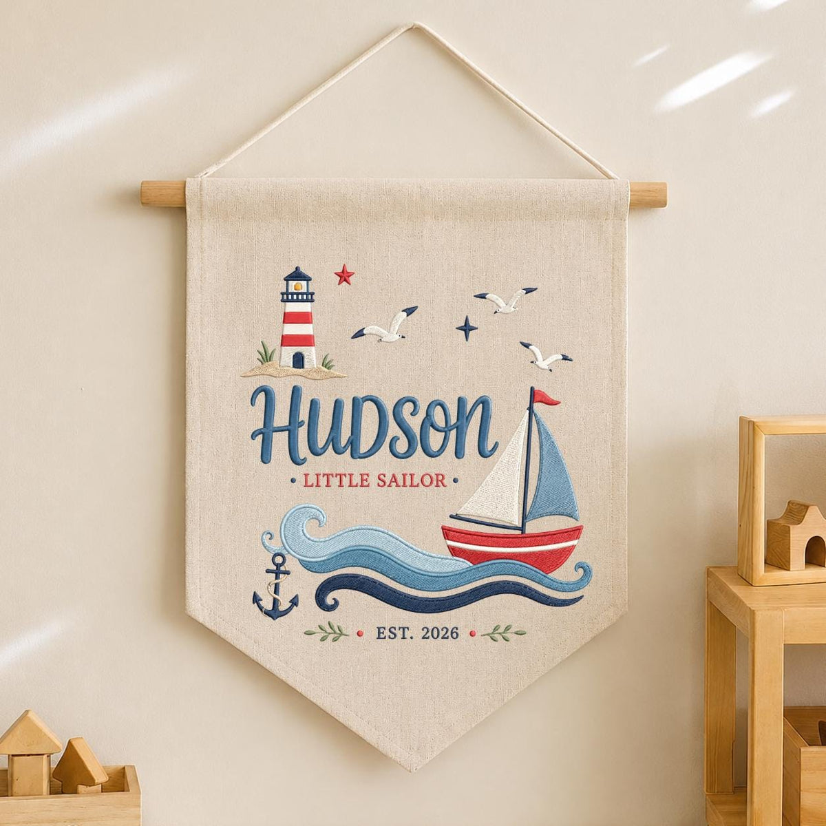Personalized Little Sailor Canvas Pennant Decor, Custom Embroidered Hudson Ocean Anchor Wall Hanging Sign, Baby Boy Keepsake Gift