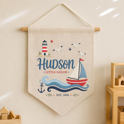 Personalized Little Sailor Canvas Pennant Decor, Custom Embroidered Hudson Ocean Anchor Wall Hanging Sign, Baby Boy Keepsake Gift