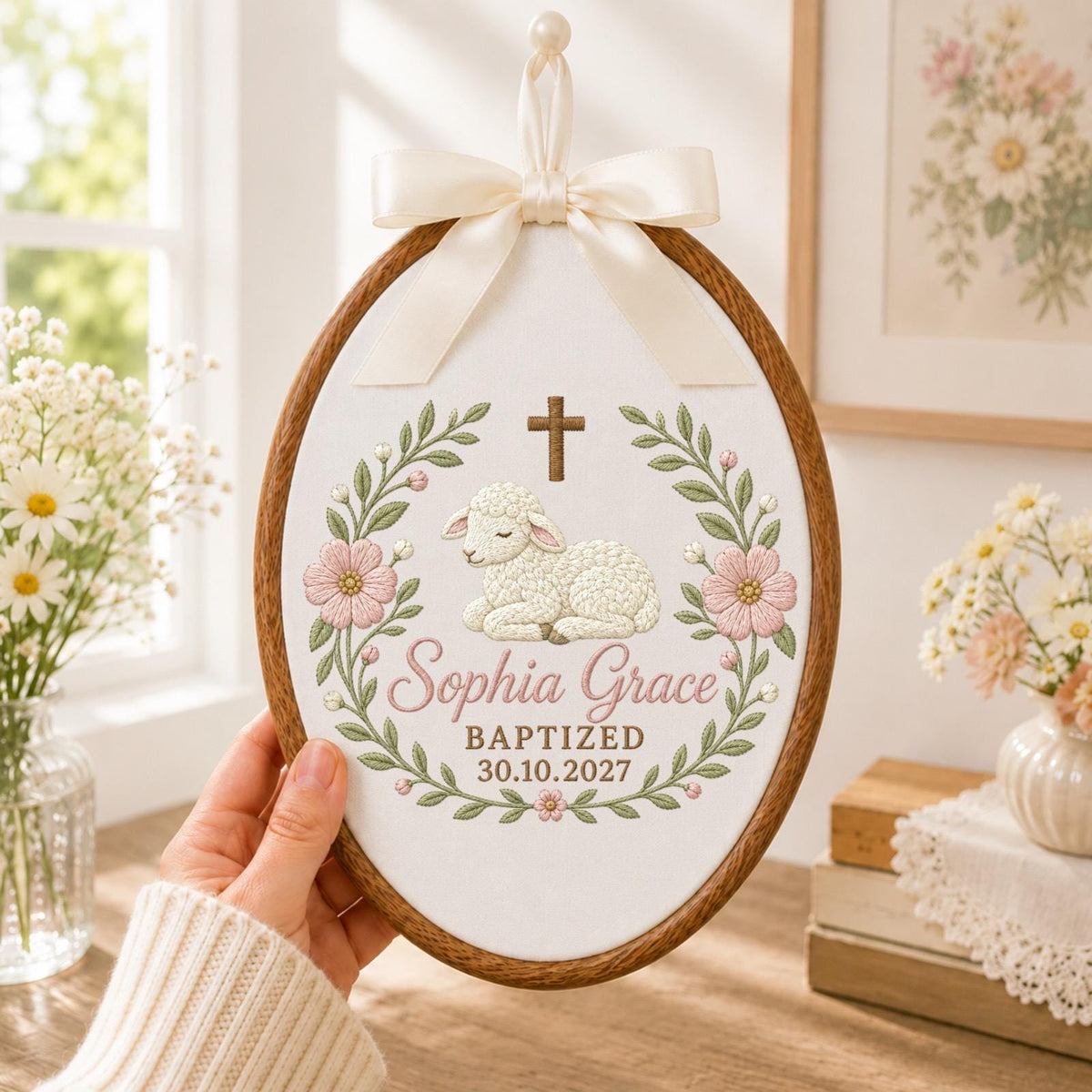 Personalized Embroidered Ornament, Baptism Lamb Ornament, Custom Name Christian Keepsake, Baby Girl Baptism Gift, Floral Godchild Decor